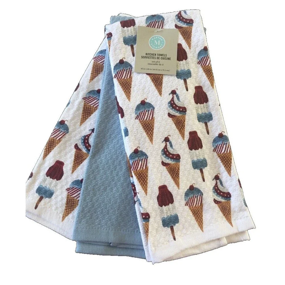 Martha Stewart Kitchen Dish Towels 4th Of July Red White Blue Ice Cream Set Of 3